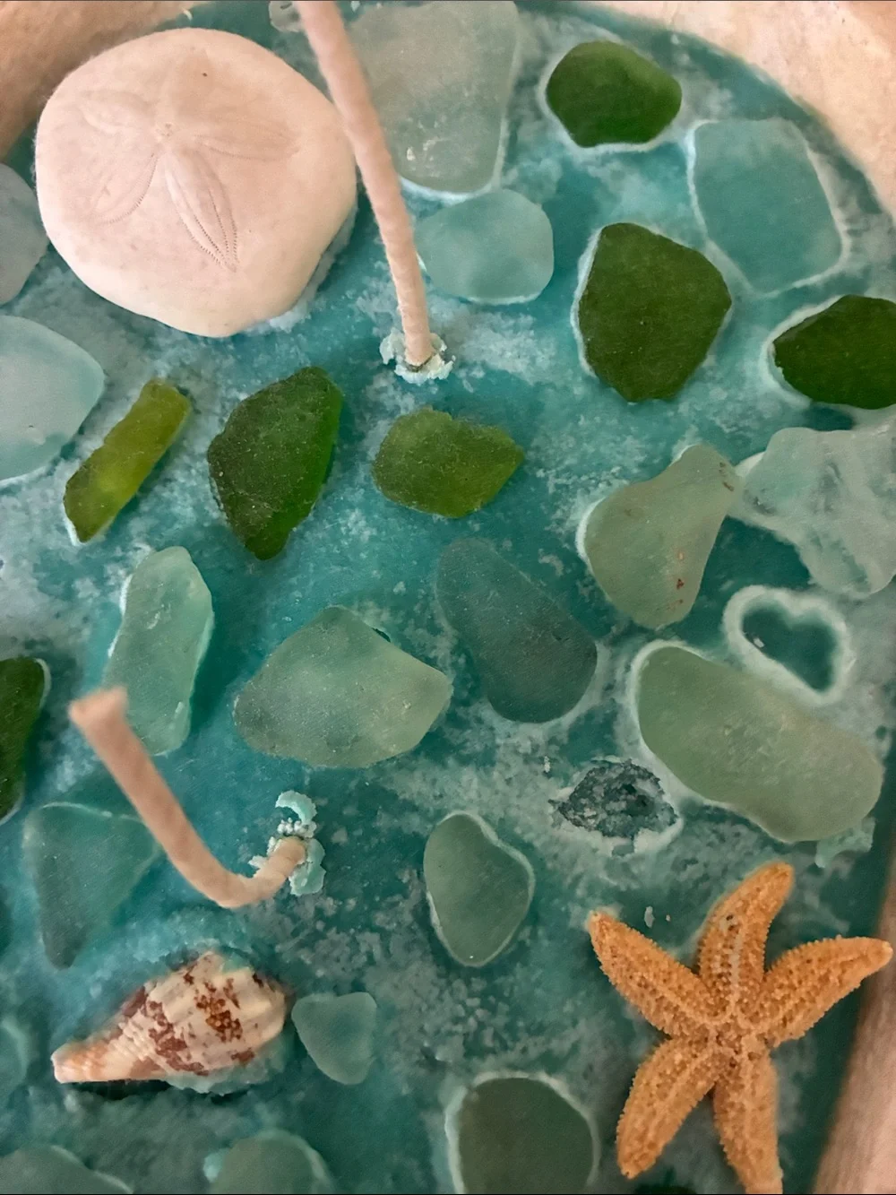 Coastal Blue dough bowl candle with Sea Glass, Starfish, & Shells